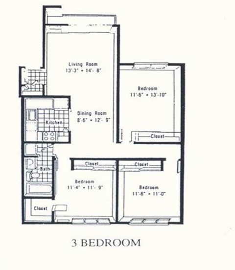 Floor plan for 3 beds, 1 bath, 1000 sqft